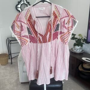 Anthropologie THML Smocked Top Embroidered Short Sleeve Pink Boho Oversized Sz M